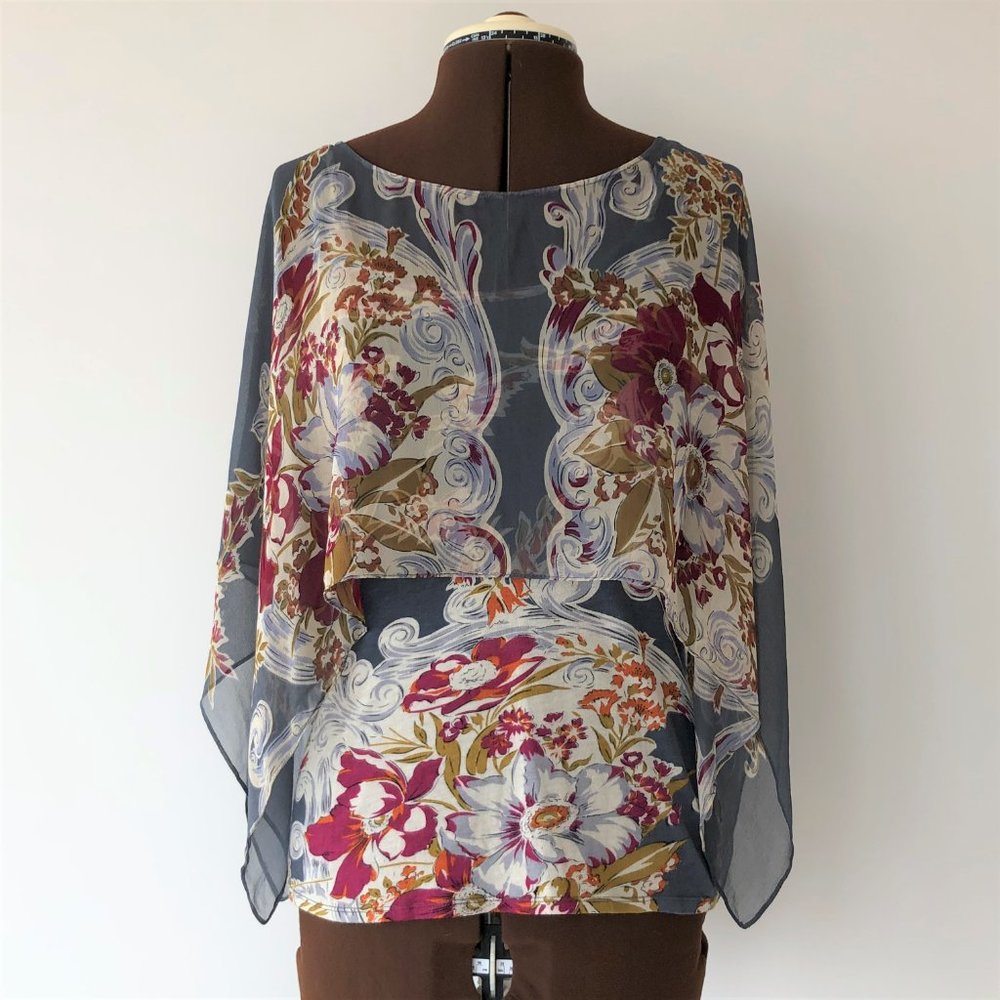 Grey Floral Printed Tank with Attached Silk Poncho
